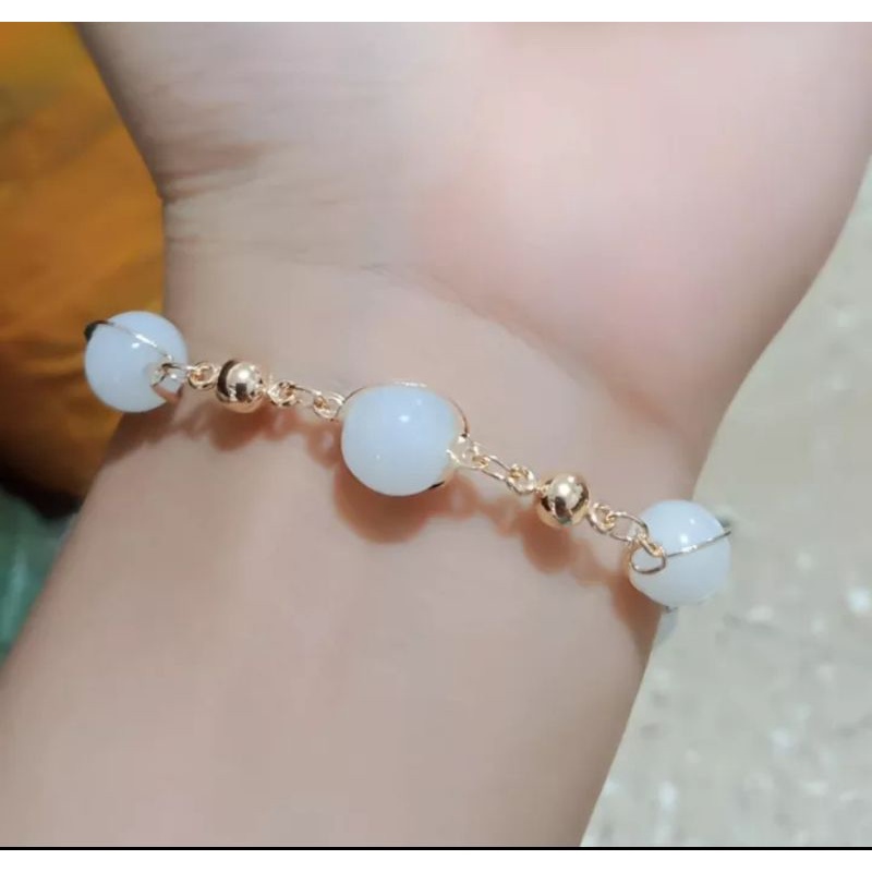 GELANG TANGAN DEWASA BATU PUTIH SUSU GOLD PREMIUM LAPIS EMAS 24 K PERHIASAN WANITA