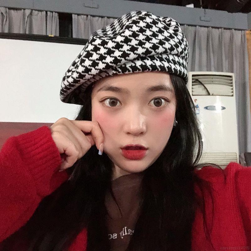 Topi Baret Motif Houndstooth Gaya Retro Korea Jepang Untuk Wanita