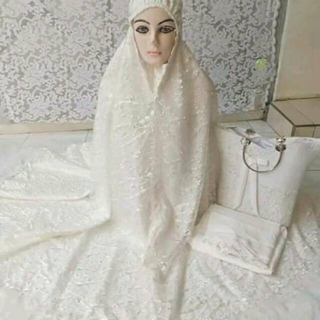 Mukena brokat perl putih tulang