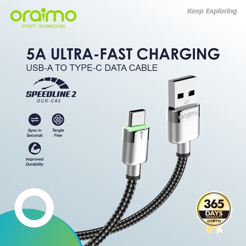 Oraimo Speedline 2 Kabel Data USB A - Type-C 5A Fast Charging OCD-C82