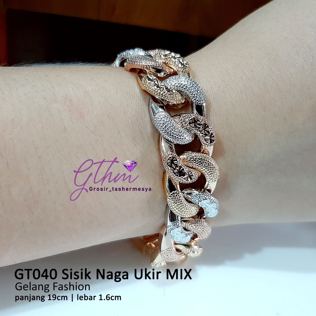 Gelang Tangan Sisik Naga Ukir Kombinasi Gold-Silver Perhiasan Fashion Import Kualitas Premium GT040