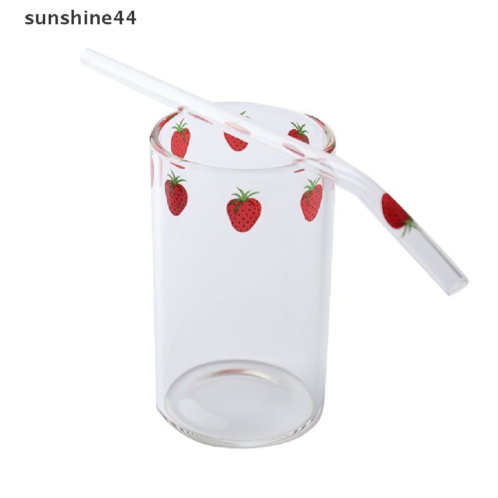 Sunshine Ins Nana Gelas Kopi / Susu / Jus / Smoothie Motif Strawberry Tahan Panas Dengan Sedotan