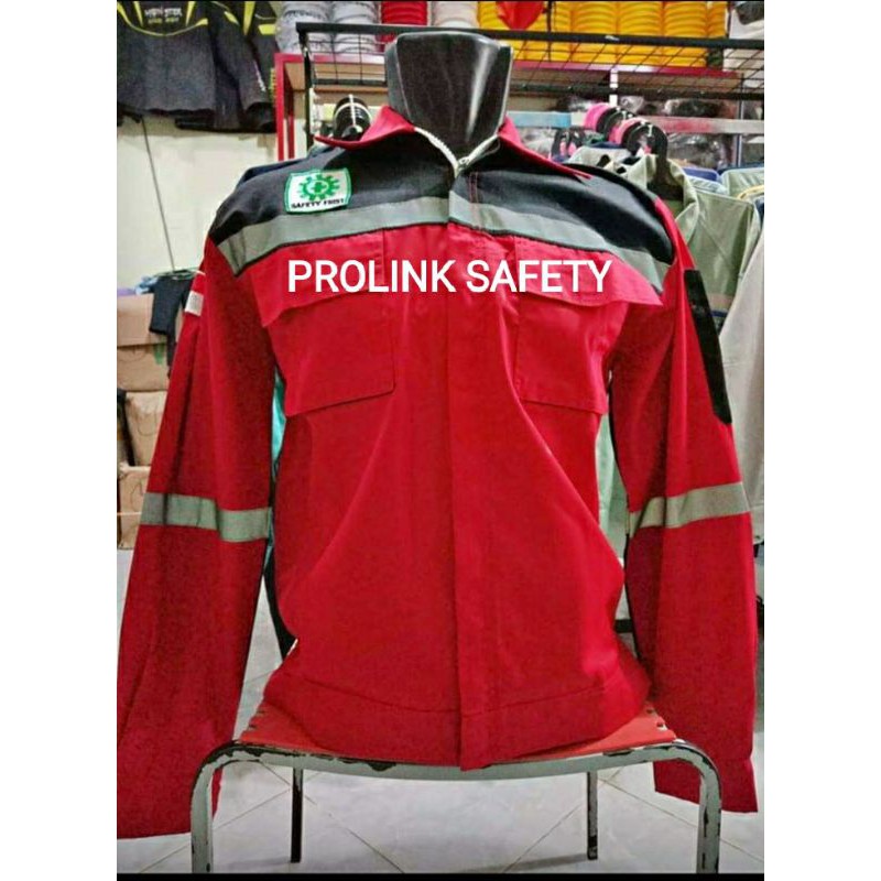 SERAGAM BAJU SAFETY HSE MERAH HITAM RESLETING