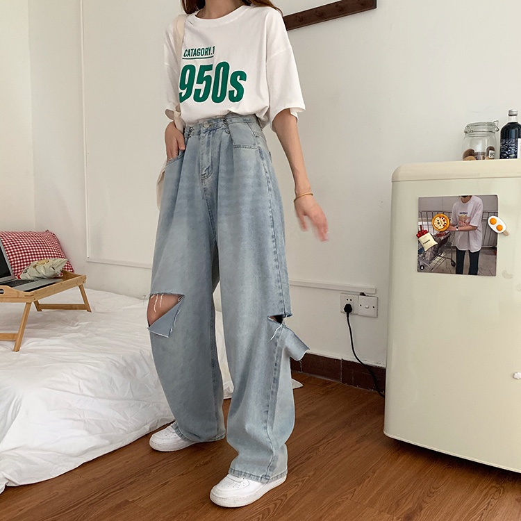 Celana Jeans Wanita Sobek Korean Style Celana Panjang boyfriend Kekinian Jumbo Highwaist Denim Pants