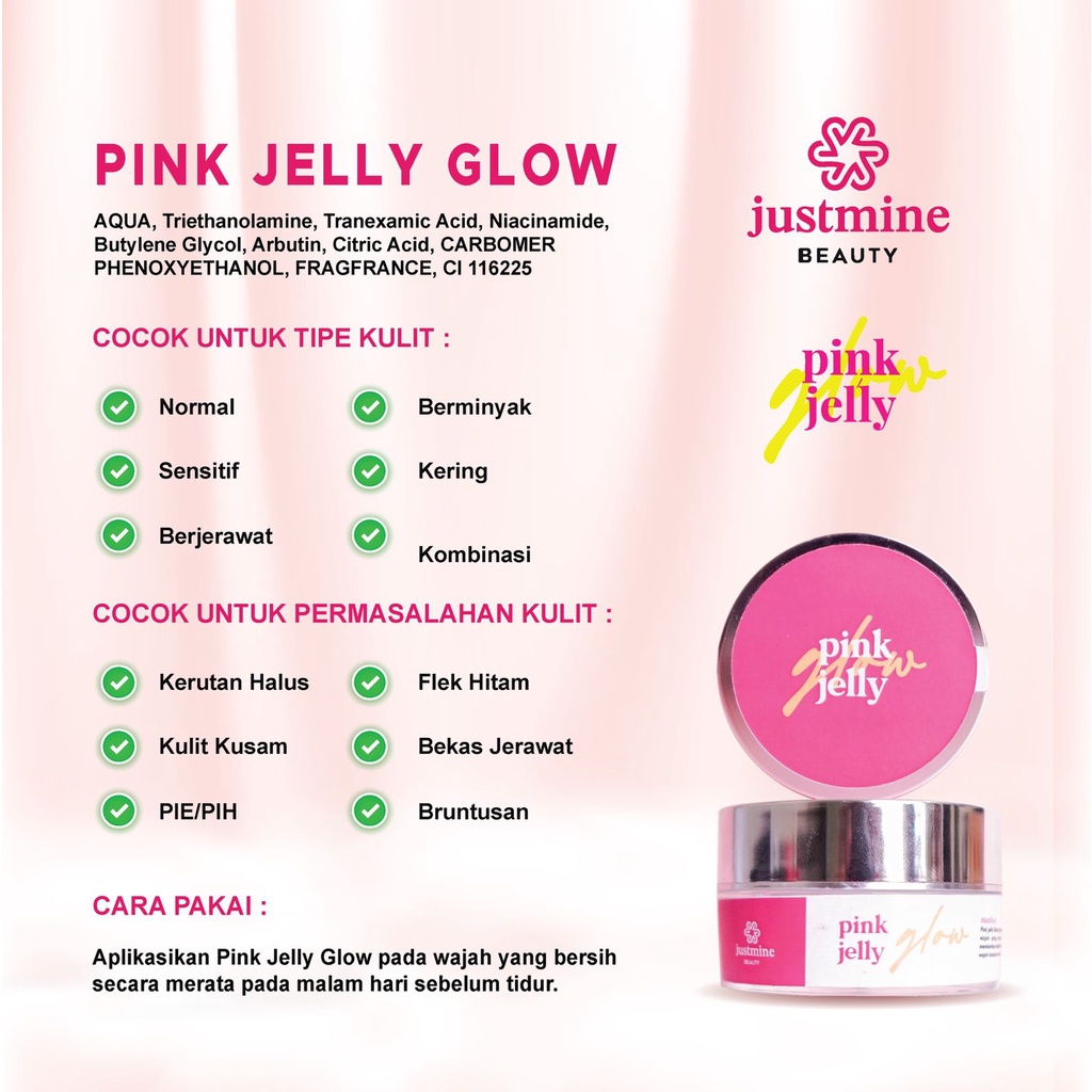 Cream Malam Pink Jelly Glowing Justmine Beauty 15g | Cream Wajah Glowing