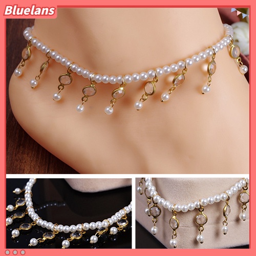 Bluelans Women Faux Pearl Rhinestone Anklet Bracelet Tassels Barefoot Ankle Foot Jewelry