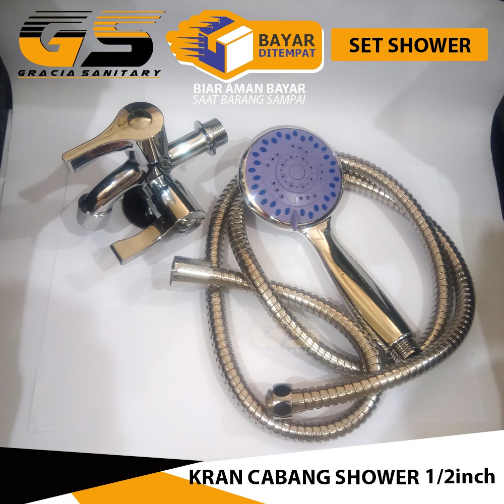 Paket SET Shower Mandi Kran 1/2 Inch Handshower Murah Kran cabang 2733 + shower 05 Tinggal Pasang