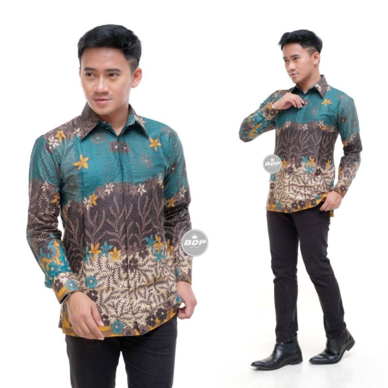 BDP ATASAN KEMEJA BATIK COWOK HIJAU TOSKA MERAH MIX KREM LENGAN PANJANG BIG SIZE JUMBO KONDANGAN