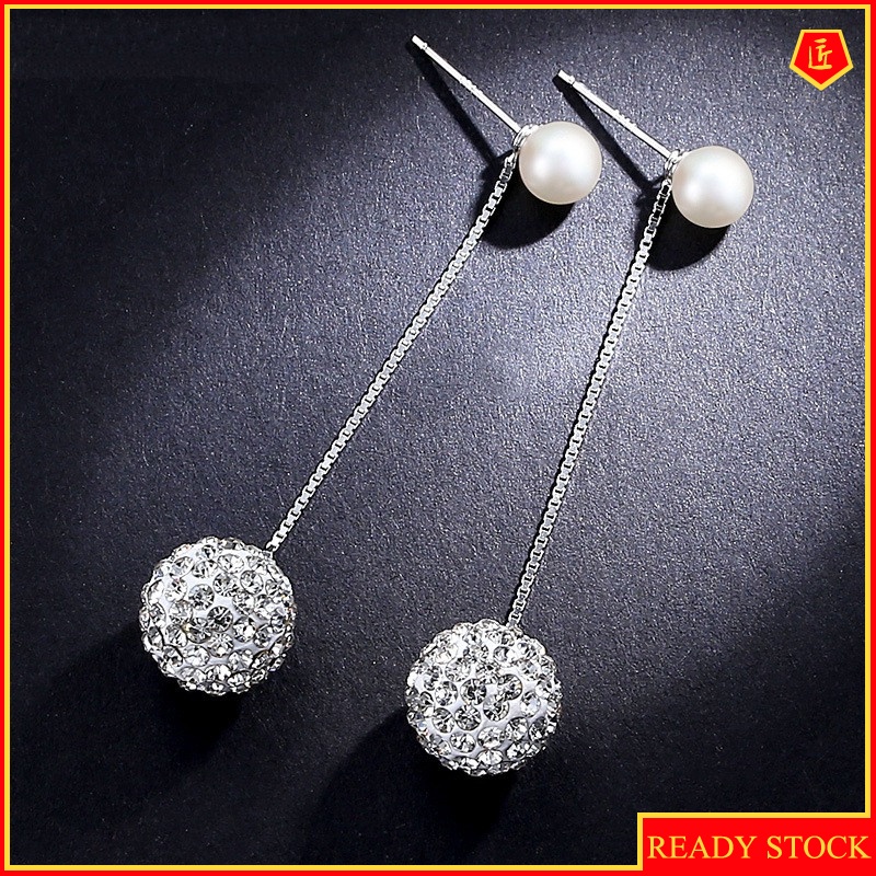 [Ready Stock]Diamond Ball Pearl Tassel Earrings Long Fashion