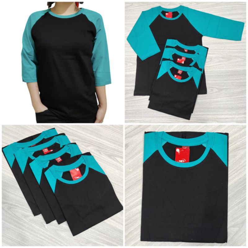 kaos polos reglan hitam lengan hijau tosca 3/4 M L XL XXL