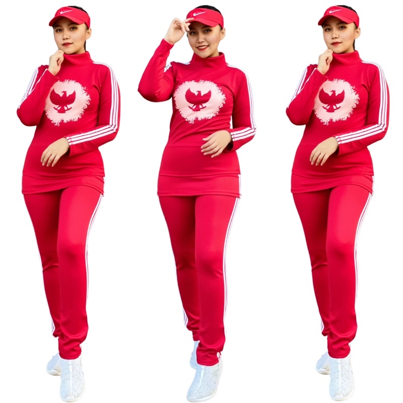 Set Olahraga Rok Poly Garuda Merah Putih Setelan Baju Senam Gym Fitness Gowes Training Hijab