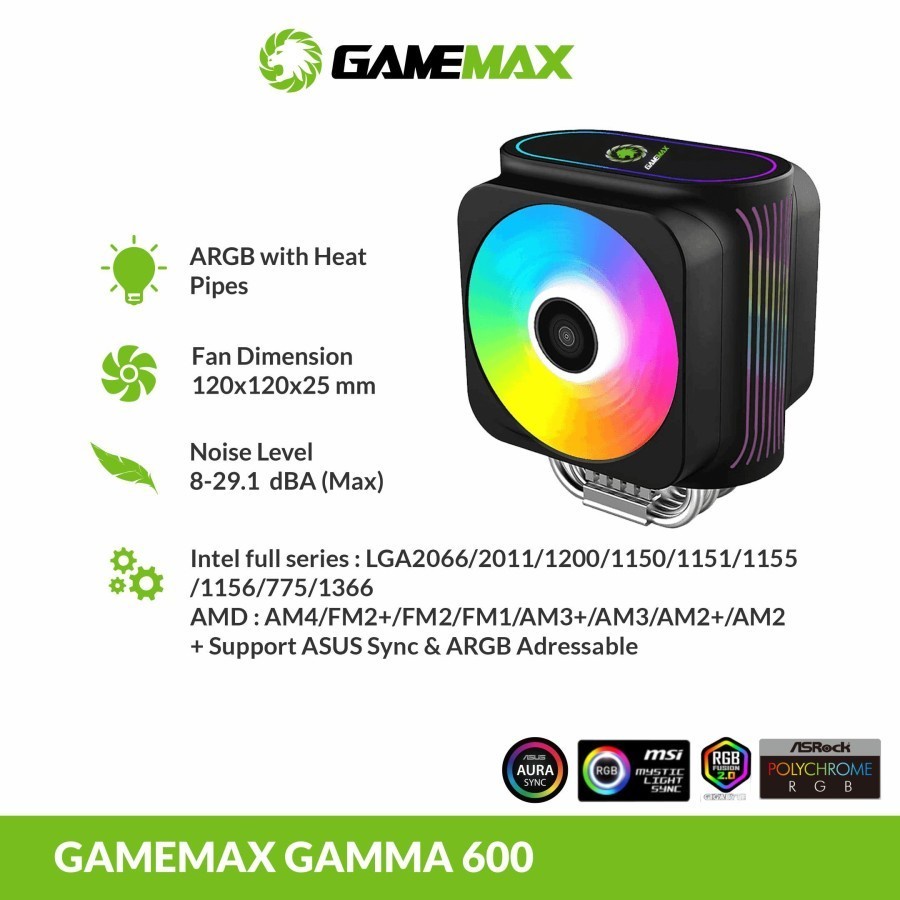 Gamemax Gamma 600 Dual Fan Rainbow CPU Air Cooler with Remote Controll