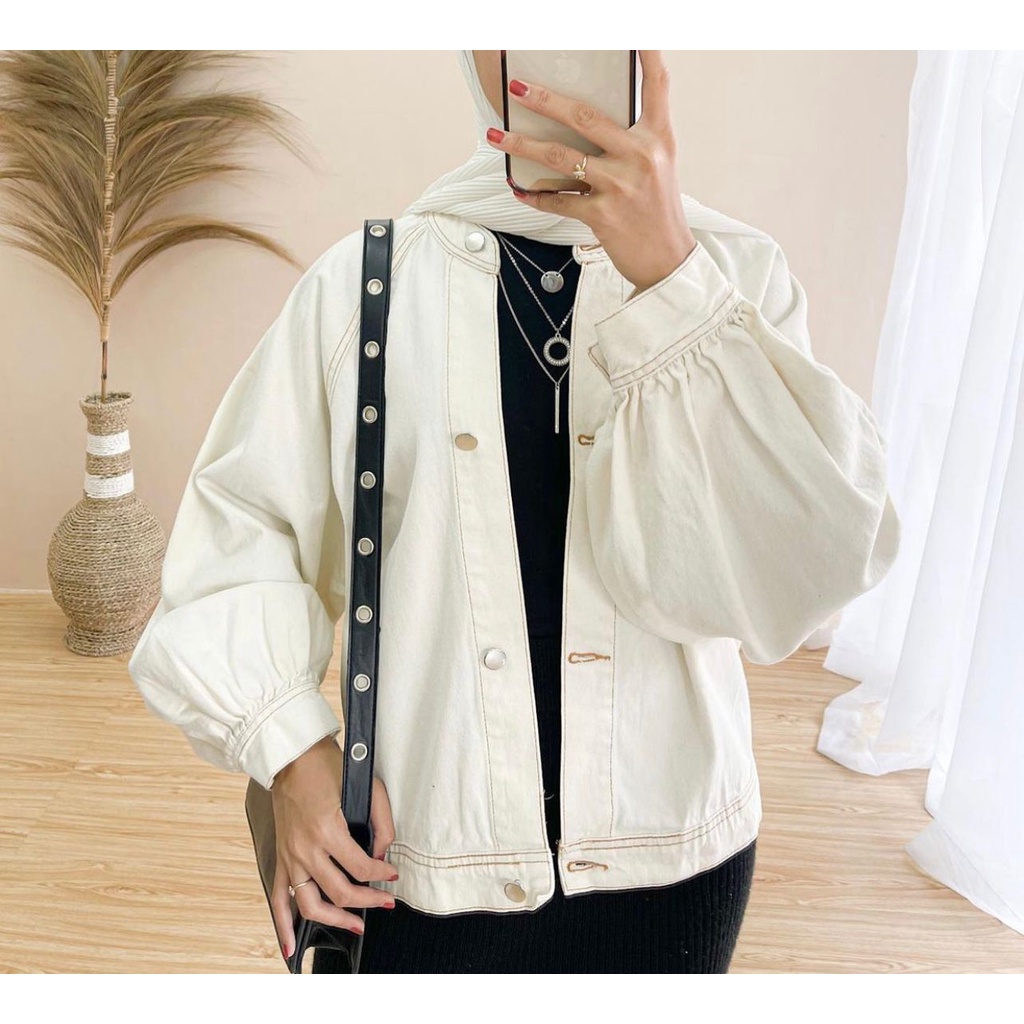 Jaket Jeans Oversize LD 110 - 150 // Jaket Jumbo Saku Wanita Sandwash Denim Premium-VIRZA PUTIH LD100