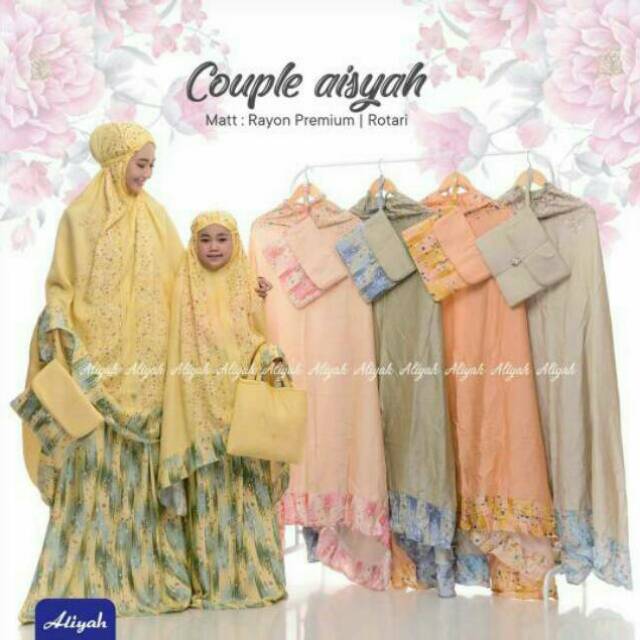 Mukena Ibu dan Anak Couple Model Terbaru Ecer Grosir Rayon Super Jumbo Motif Bunga Aisyah