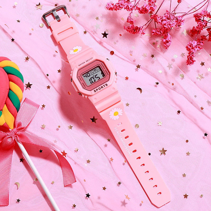 Jam Tangan Wanita Fashion Korea Style Digital Sport / Jam Tangan Strap Rubber Untuk Wanita-44-8 Pink Bunga