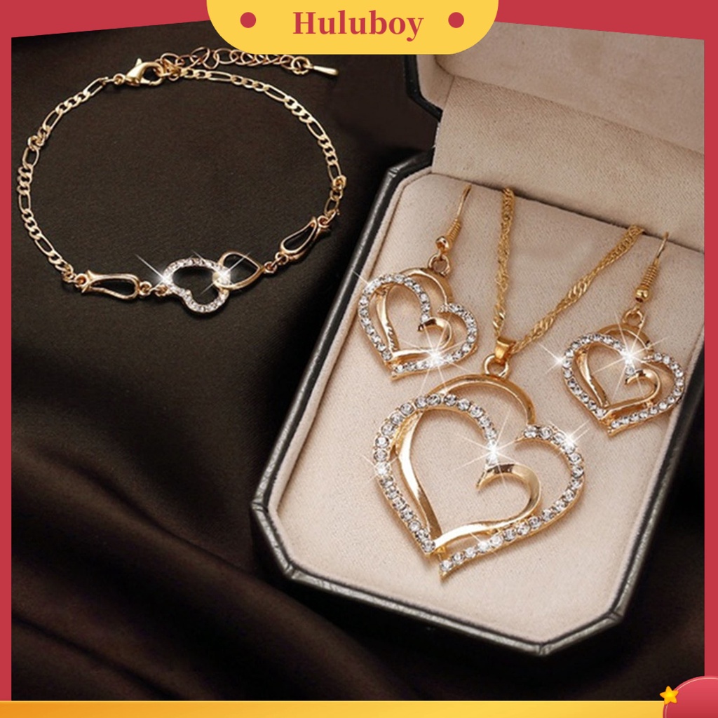 Hu Hu Hu Hu Hu Alat Bantu Pasang Kacamata♡ 1 Set Kalung Gelang Anting Liontin Hati Ganda Model Rongga Untuk Wanita