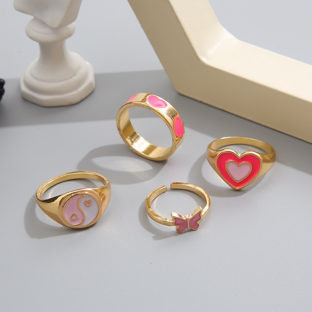 4pcs / Set Cincin Desain Kupu-Kupu Hati Warna Pink Untuk Wanita