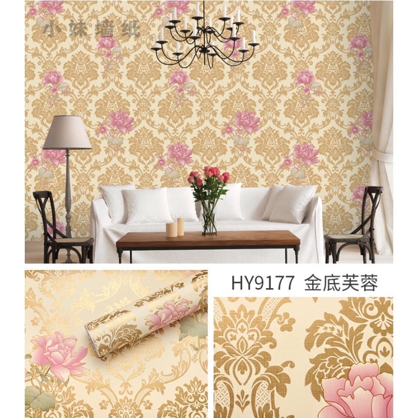 WALLPAPER STICKER DINDING BATIK GOLD BUNGA PINK