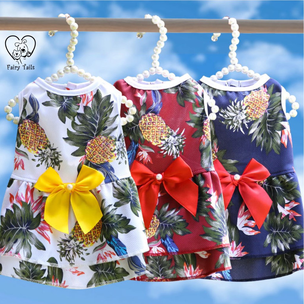 Baju Anjing Kucing Kostum Dress Hawaii dengan Pita | Pet Hawaiian Pineapple Dress