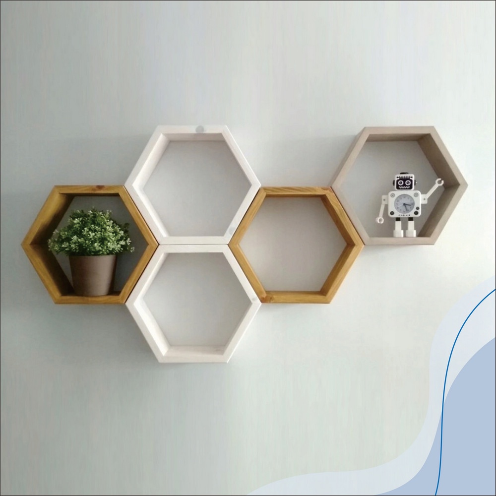 Rak kayu hexagonal / rak dinding minimalis / rak bunga kayu jati belanda