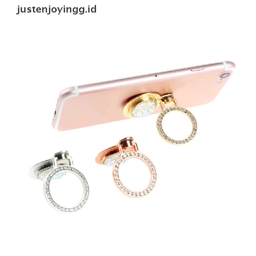 1pc Ring Stand Holder Hp Bahan Metal Bentuk Bulat Aksen Kristal Bling Dapat Berputar 360 Derajat