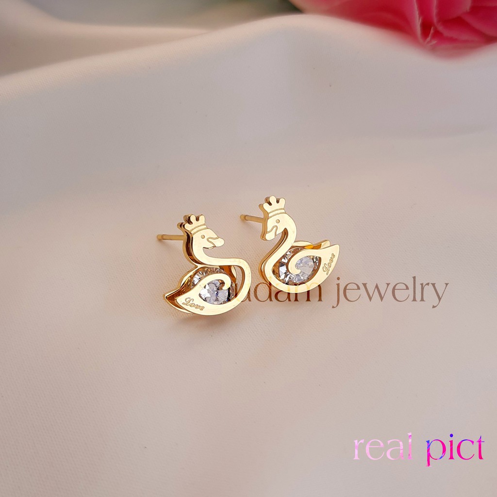 Anting Tusuk Titanium Angsa Dengan Mahkota Diamond Artifisial Warna Rosegold, Gold dan Silver