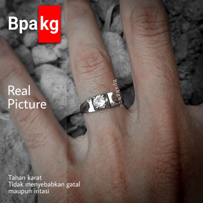 Cincin permata diamond cekung cincin pria wanita anti karat besi putih asli silver simple cincin