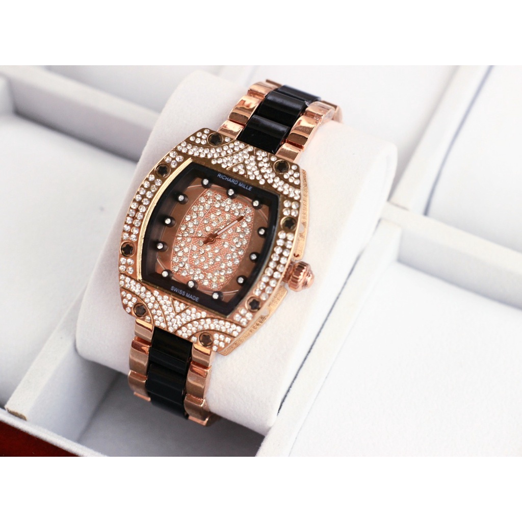 JAM TANGAN WANITA E100 RANTAI KOMBI BODY FULL MATA DM 4.0CM || JAM TANGAN FASHION WANITA TERBARU