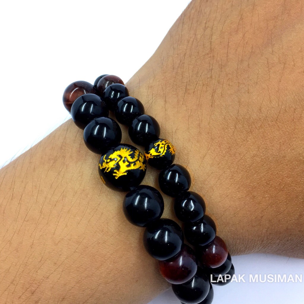 [Bayar di Tempat] Gelang Batu Giok Hitam Ukir Naga Tiger Eye