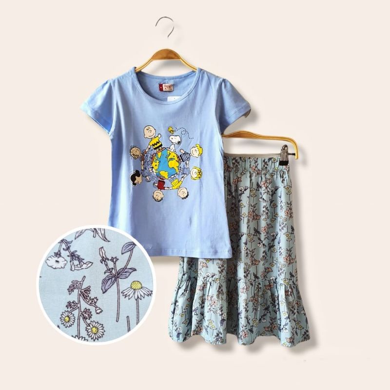 Ammigoz kids Girls Snoopy T-shirt and Skirt Set / Setelan Anak Perempuan Tshirt dan Rok Snoopy (4-14Y)-Soft blue B