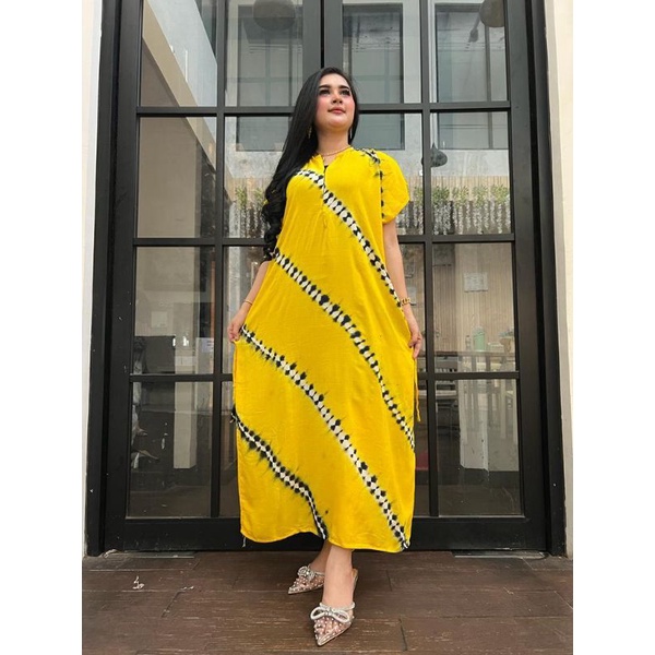 Daster panjang galaran kancing depan busui tali samping motif viral tiedye shibori-SK Strip Kuning