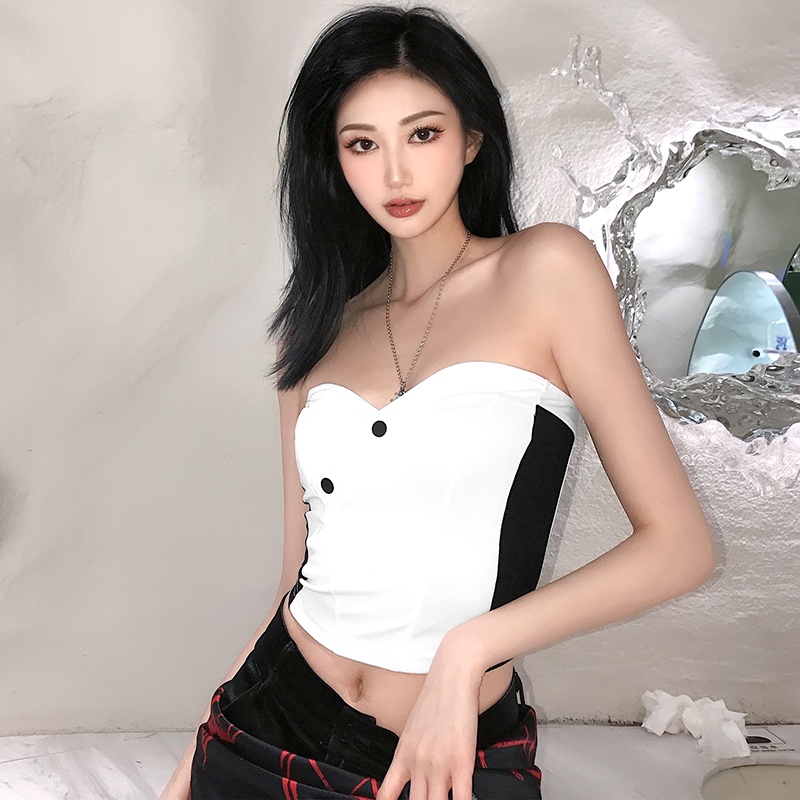 #Sisjuly# Ulzzang Macaron Slim Body Tube Top Wanita Pinggang Tinggi Rompi Pusar