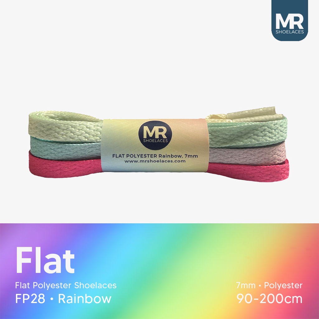 MR Shoelaces FP28 Rainbow (Pelangi) + Aglet Tali Sepatu Pipih Flat 7mm (Warna Warni)