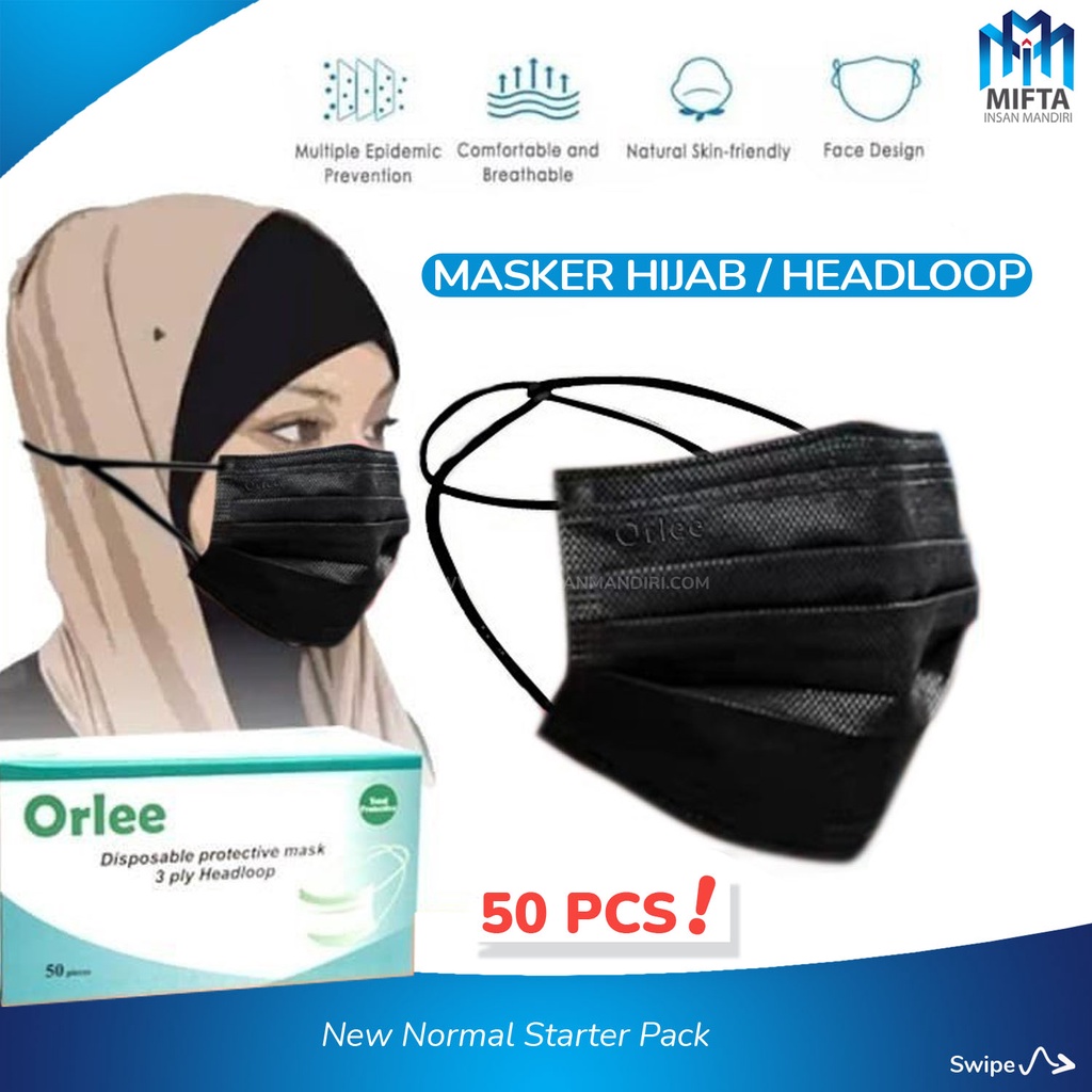 MASKER HEADLOOP HIJAB ORLEE 50PCS 3 PLY 3PLY MASKER HIJAB HEADLOOP