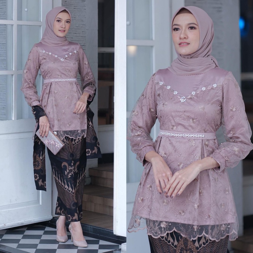 New Arrival - Kebaya Brukat Warna NUDE - Kebaya Tille Brokat Mutiara - Kebaya Rok Batik Modern - Kebaya Wisuda Modern Kekinian Termurah