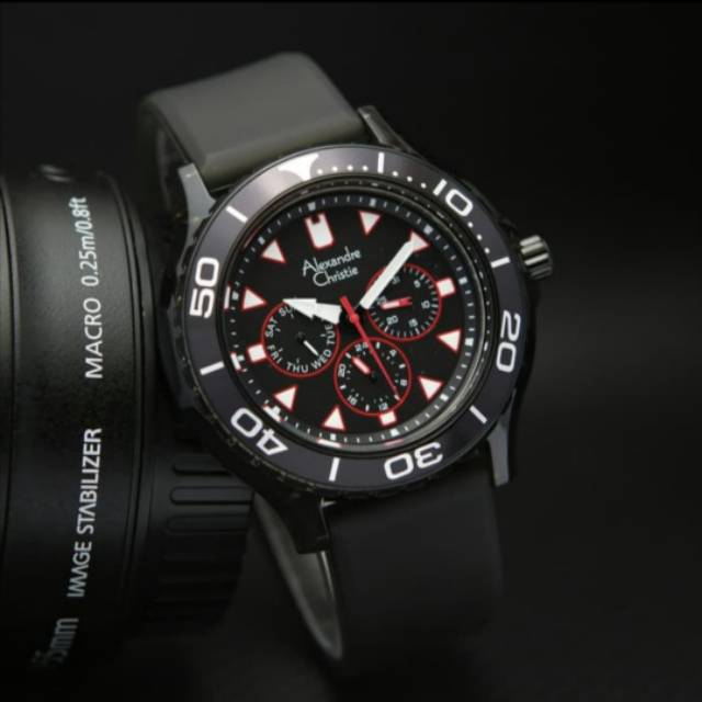 Jam pria Alexandre christie AC6531 hitam list merah