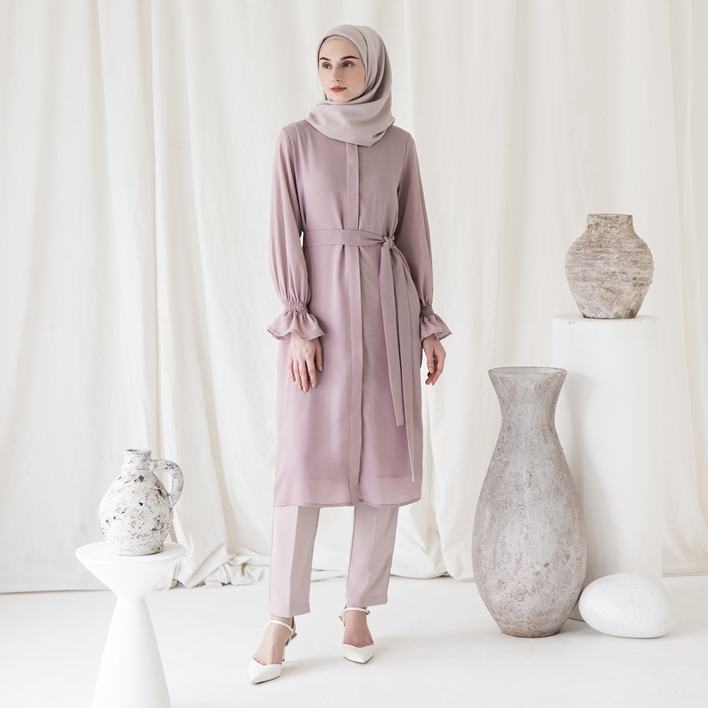 Aras by Aska Label - Tunik wanita blouse polos tali detail lengan kerut dan full kancing depan warna lilac, ungu, plum, abu tua dark grey