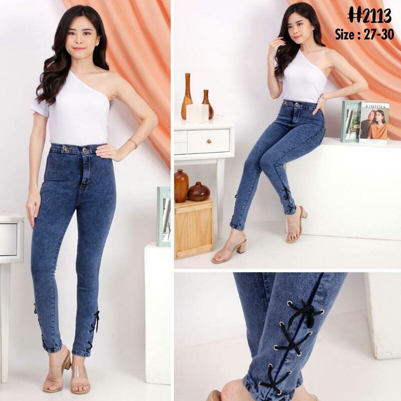 Celana Jeans wanita/Cewek High Waist HW Pensil Skinny Jumbo Dan Kecil Kancing 2 Kaki Tali silang