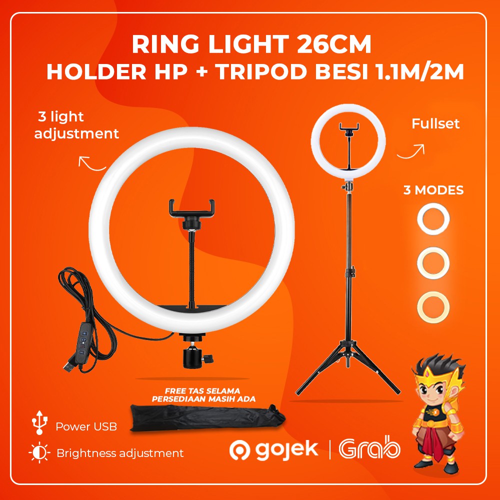 ringlight tripod led 26cm 10inch makeup vlog lampu ring light 1 1m 2m holder hp vlog video tiktok