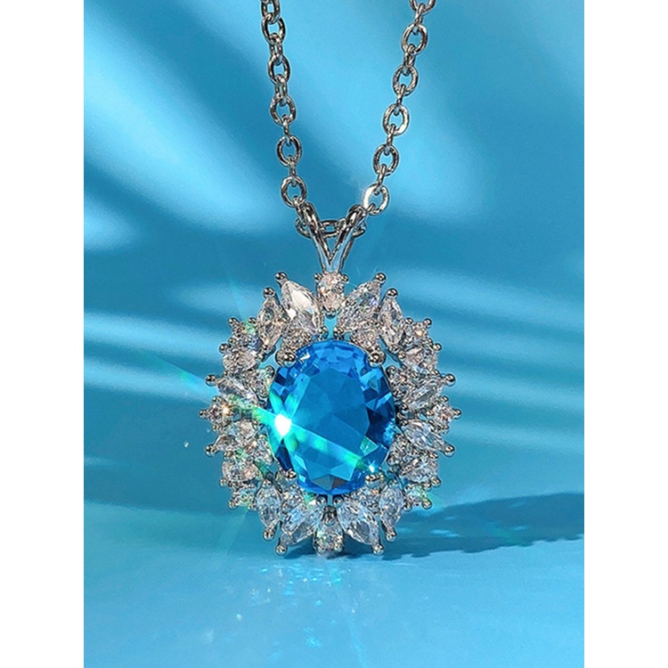 Kalung Liontin Cubic Zirconia Warna Biru Untuk Wanita