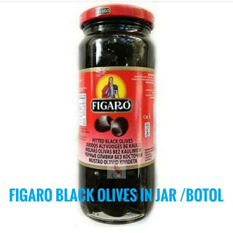 Figaro black pitted olives In Jar / Botol 450gr. Buah zaitun hitam black olive