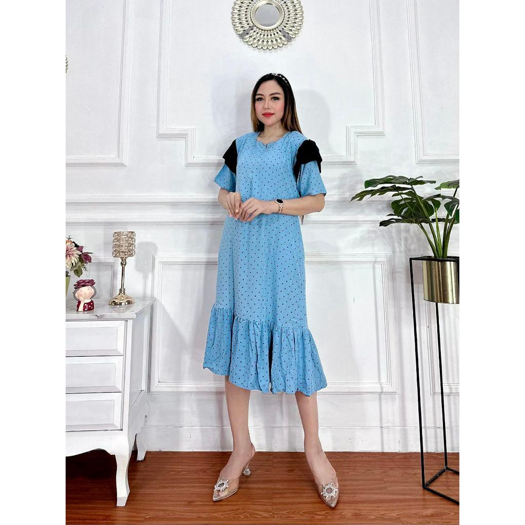 MIDI DRESS TERBARU LENGAN KERUT MOTIF POLKADOT//HOMEDRESS KEKINIAN VIRAL 2023