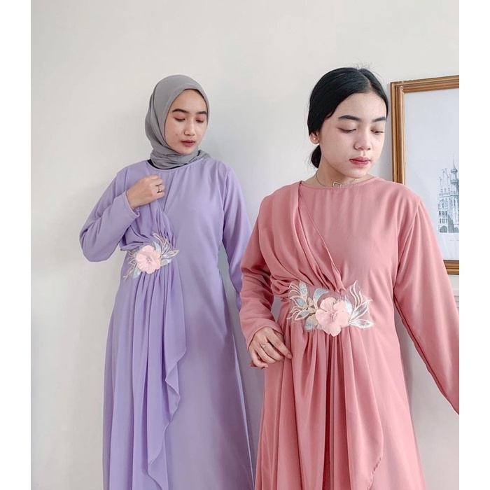 Kinan Flower Dress/Dress Ceruti Ld 116/Dress Polos Jumbo/Dress Lebaran/Dress Pesta/Gamis Lilac