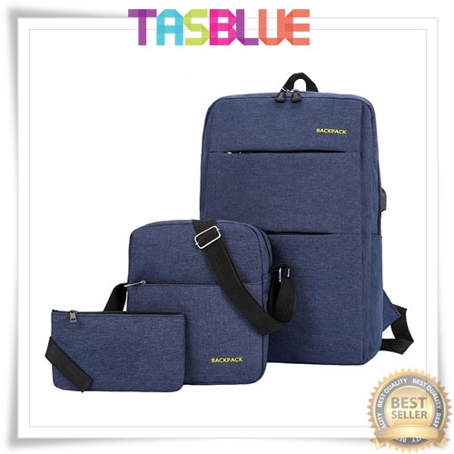 TASBLUE  Tas laptop bisnis tiga potong/ransel wanita dukungan pengisi daya USB ransel perjalanan T112