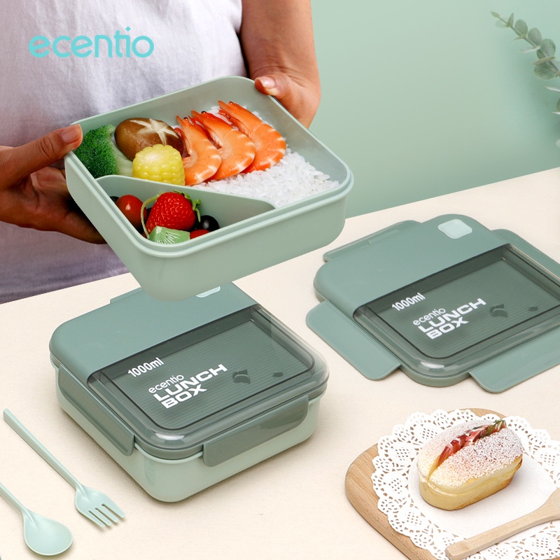 ecentio kotak makan tempat bekal lunch box 1000ml lunch box 2 grids sendok makan set BPA free