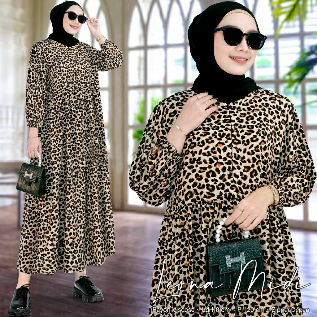 LEONA MIDI DRESS / MIDI DRESS MOTIF LEOPARD / MIDI DRESS RAYON / MIDI DRESS JUMBO BUSUI / HOME DRESS