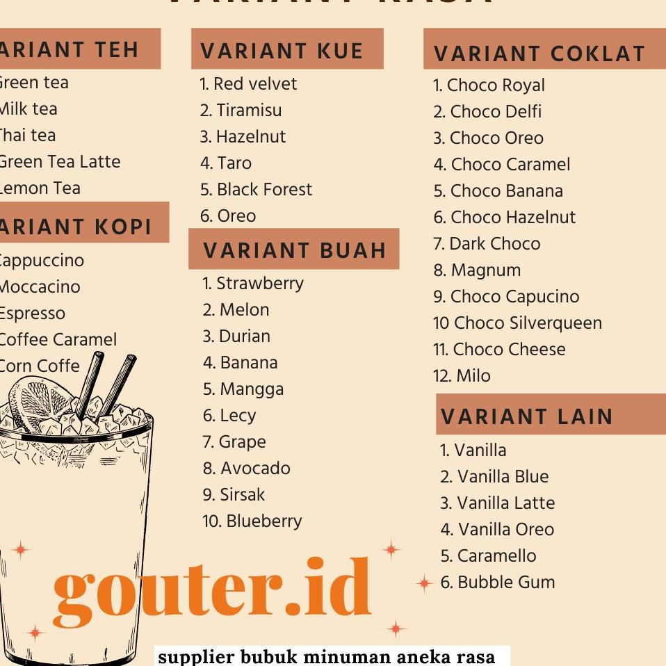 

[KODE PRODUK PFVT78442] BUBUK MINUMAN RASA 250GR / SERBUK MINUMAN ANEKA RASA / BUBUK MINUMAN KEKINIAN / MINUMAN INSTAN