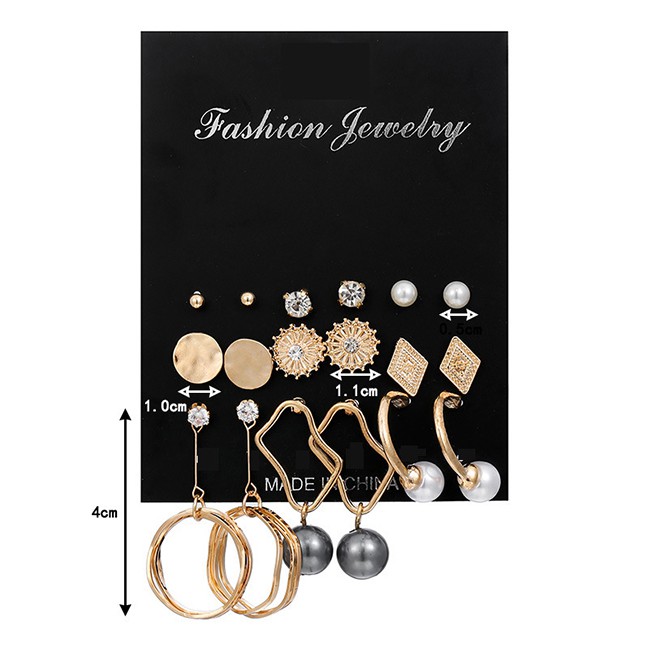 LRC Anting Set Fashion Gold Pearl Leaf Geometric Earring Set F88404