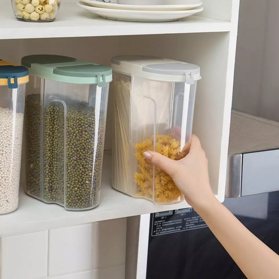 Toples 2 Tutup Sekat Tempat Penyimpanan Sereal Pasta Besar Jar Kedap Toples Tempat Penyimpanan Makanan Storage Jar Cereal Kontainer Penyimpanan Makanan 2 In 1