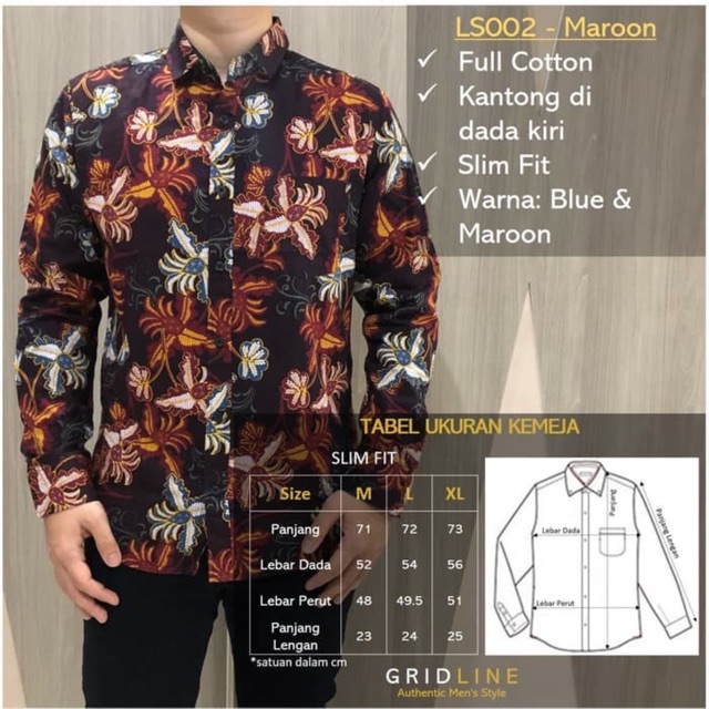 [GRIDLINE - LS058 Green Navy &amp; LS002Maroon] Baju Kemeja Batik Slimfit Pria Lengan Panjang FULL KATUN